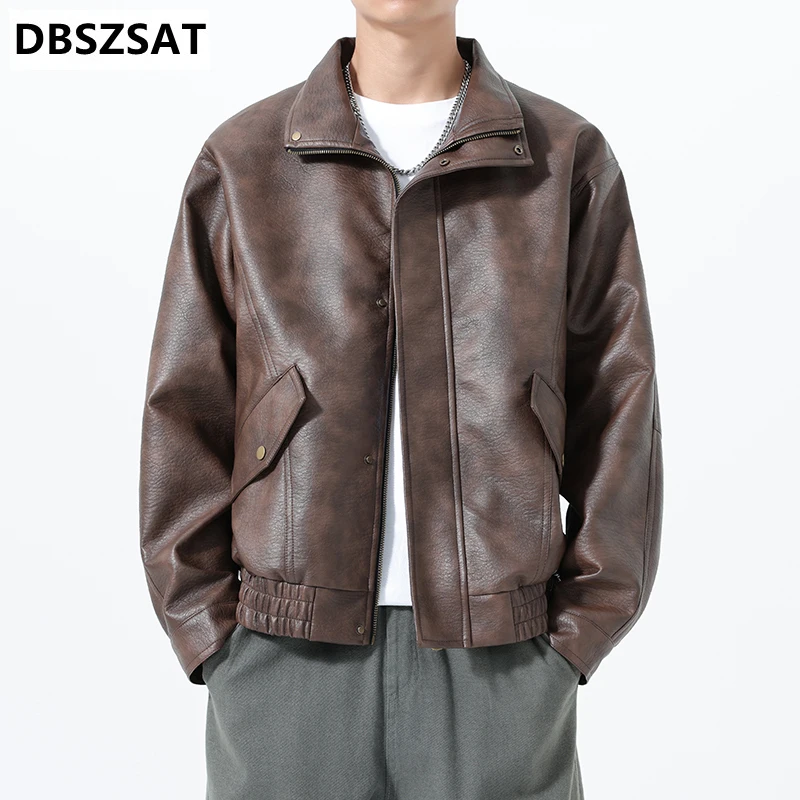 2029   Jacket Men Spring Autumn Lapel Baseball Bomber Leather Coat Unisex Couple Outerwear