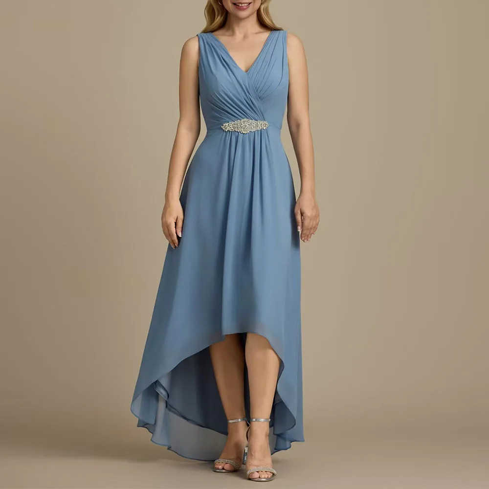 

Customized Charming High-Low V Neck Chiffon Mother of The Bride Dresses A Line Ruched Wedding Guest Gown Formal Party Dress 2025