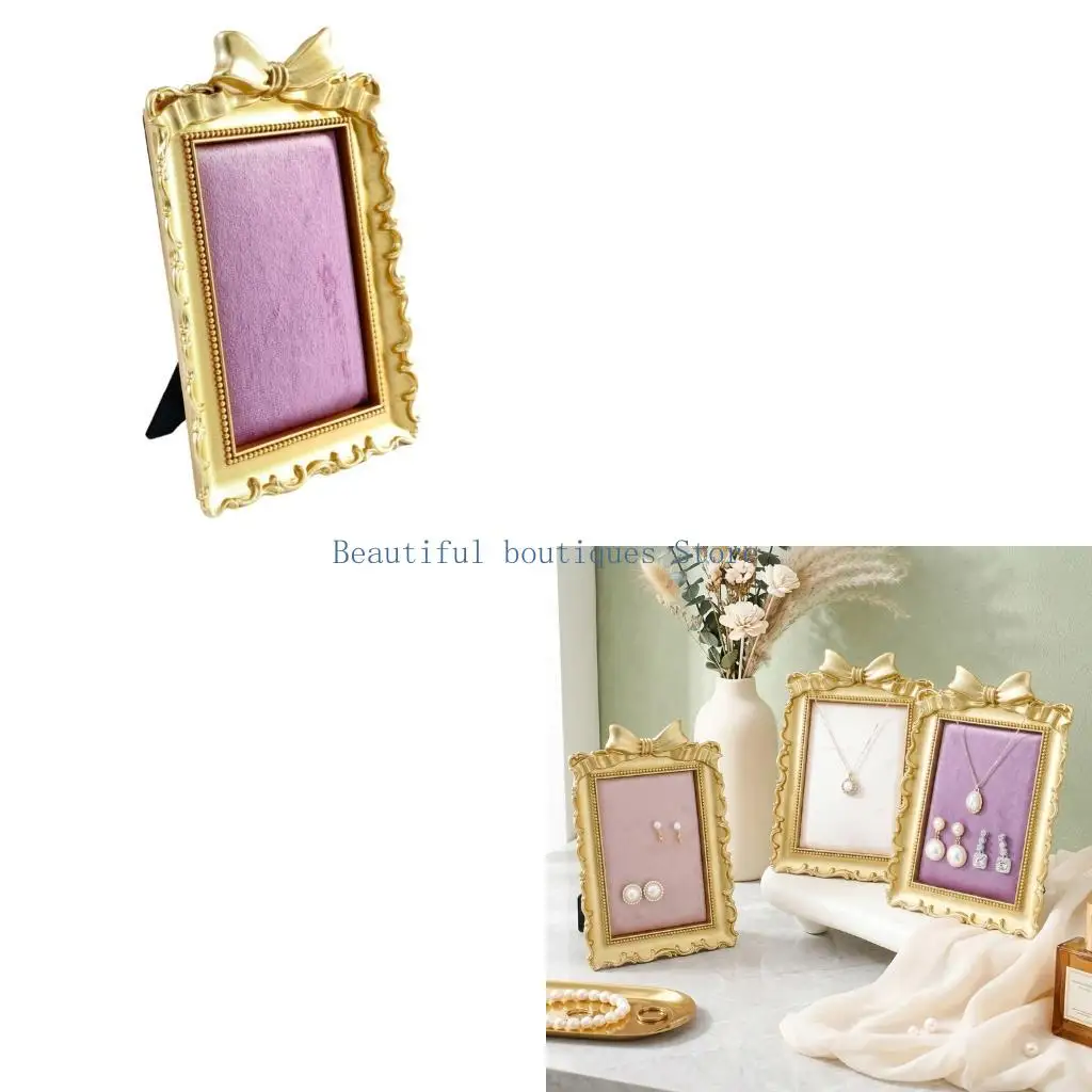 U4LF Framed Jewelry Holder Stand with Soft Lined Panel and Gold-Tone Top Accent for Dresser Necklace Earring Display