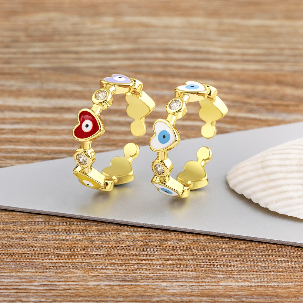 Nidin Trendy Heart Design Lucky Turkish Evil Eye 5 Colors Rings Zircon Finger Open Adjustable Jewelry for Women Fashion Gift