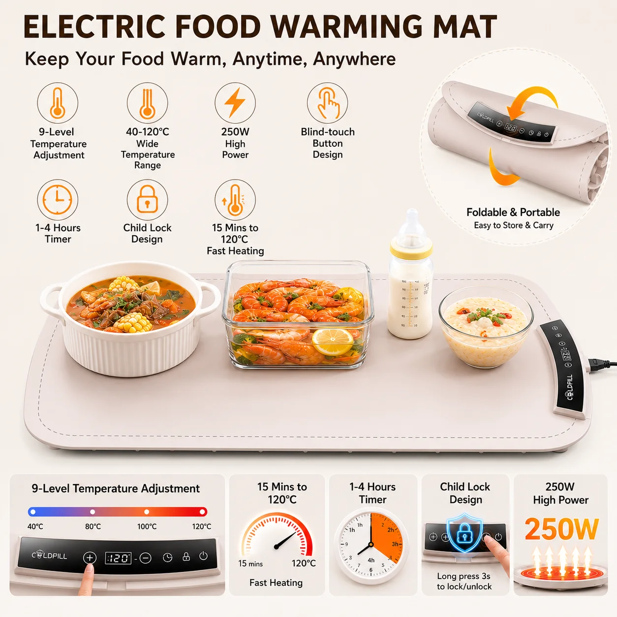 

Food Warming Mat, Upgrade High-tech Heating System, Fast Full Surface Electric Warming Tray with 9 Level Adjustable Temperature and 4 Hours Timer, Roll Up Food Warmers for Parties Buffet