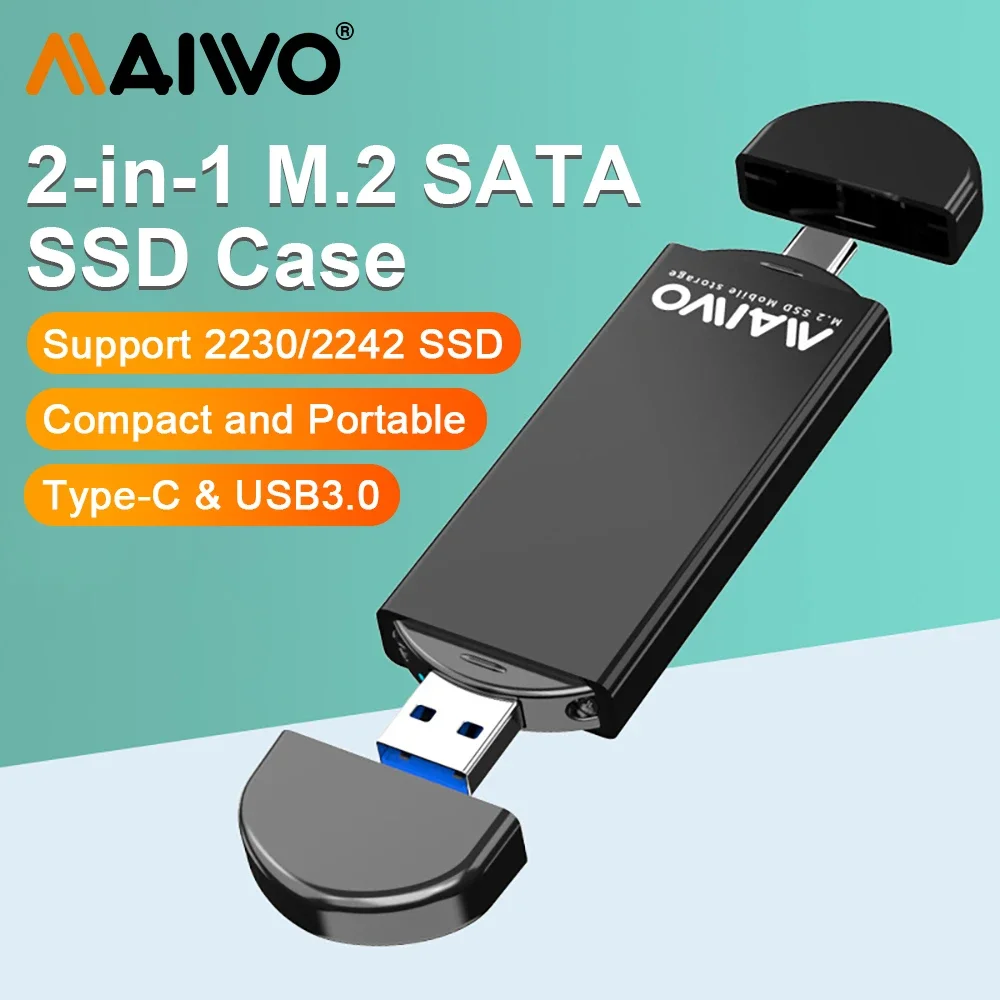 MAIWO M.2 SATA SSD Enclosure NGFF SSD Case 2-in-1 Type-C USB3.0 Solid State Drive Case for M2 2230 2242 SSD Aluminum Enclosure