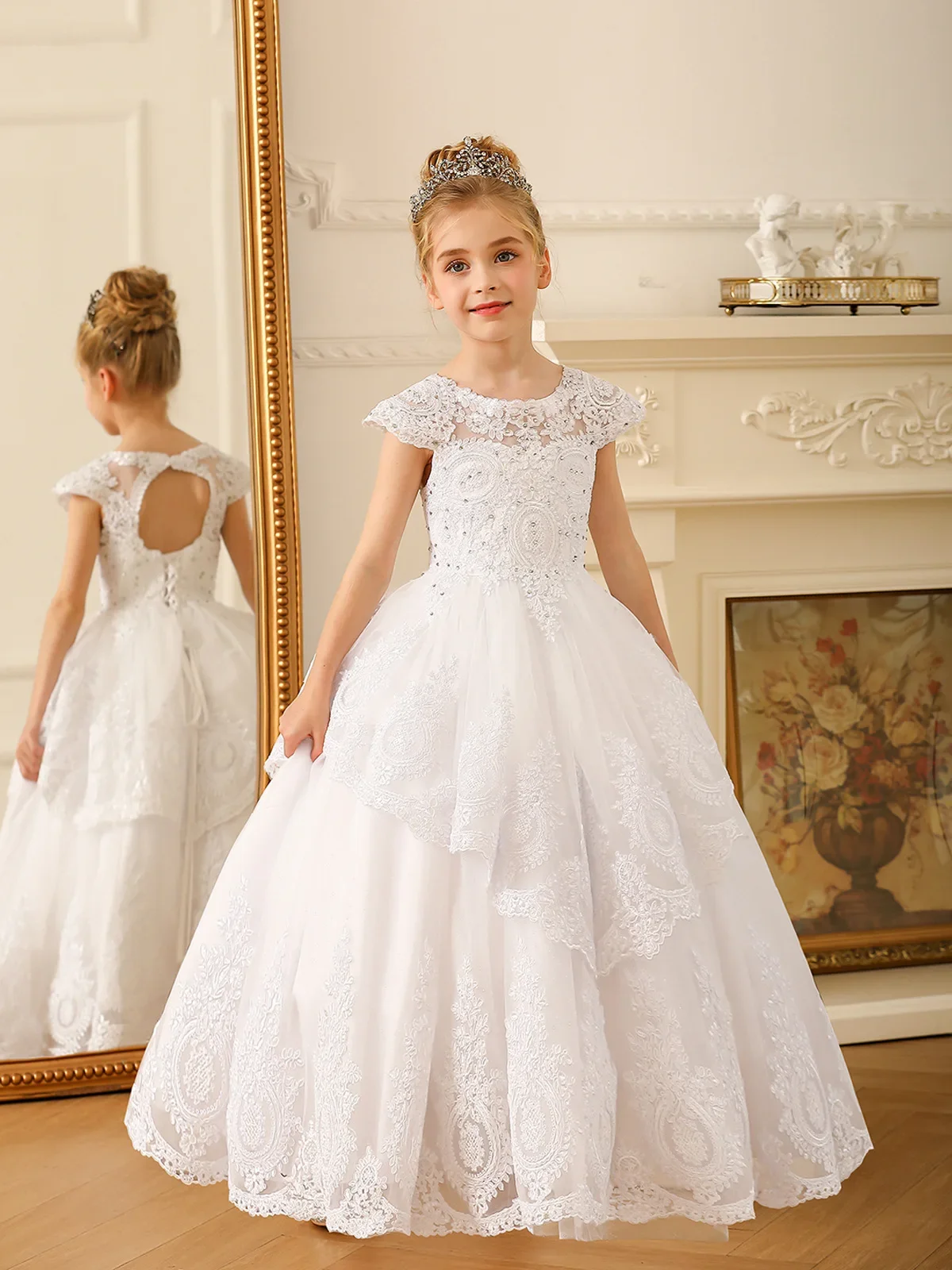 piano communion Lace embroidered washing dress for girls with diamond inlaid long floor skirt, flower girl wedding performance