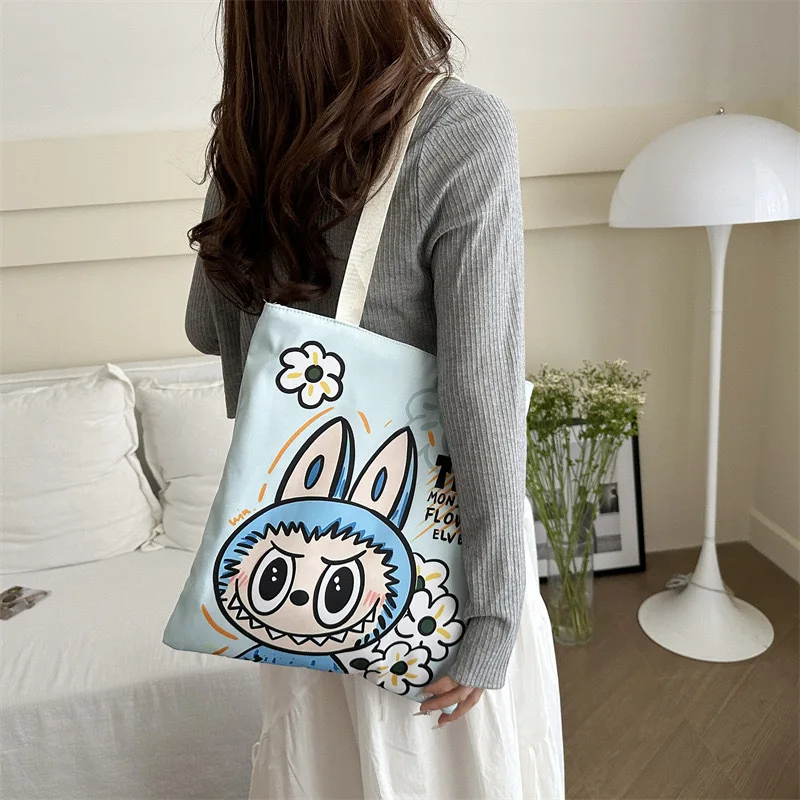 New Labubu Canvas Bag Women Cartoon Cute Shoulder Bag Large Capacity Commuter Handbag Printed on Both Sides with Zipper