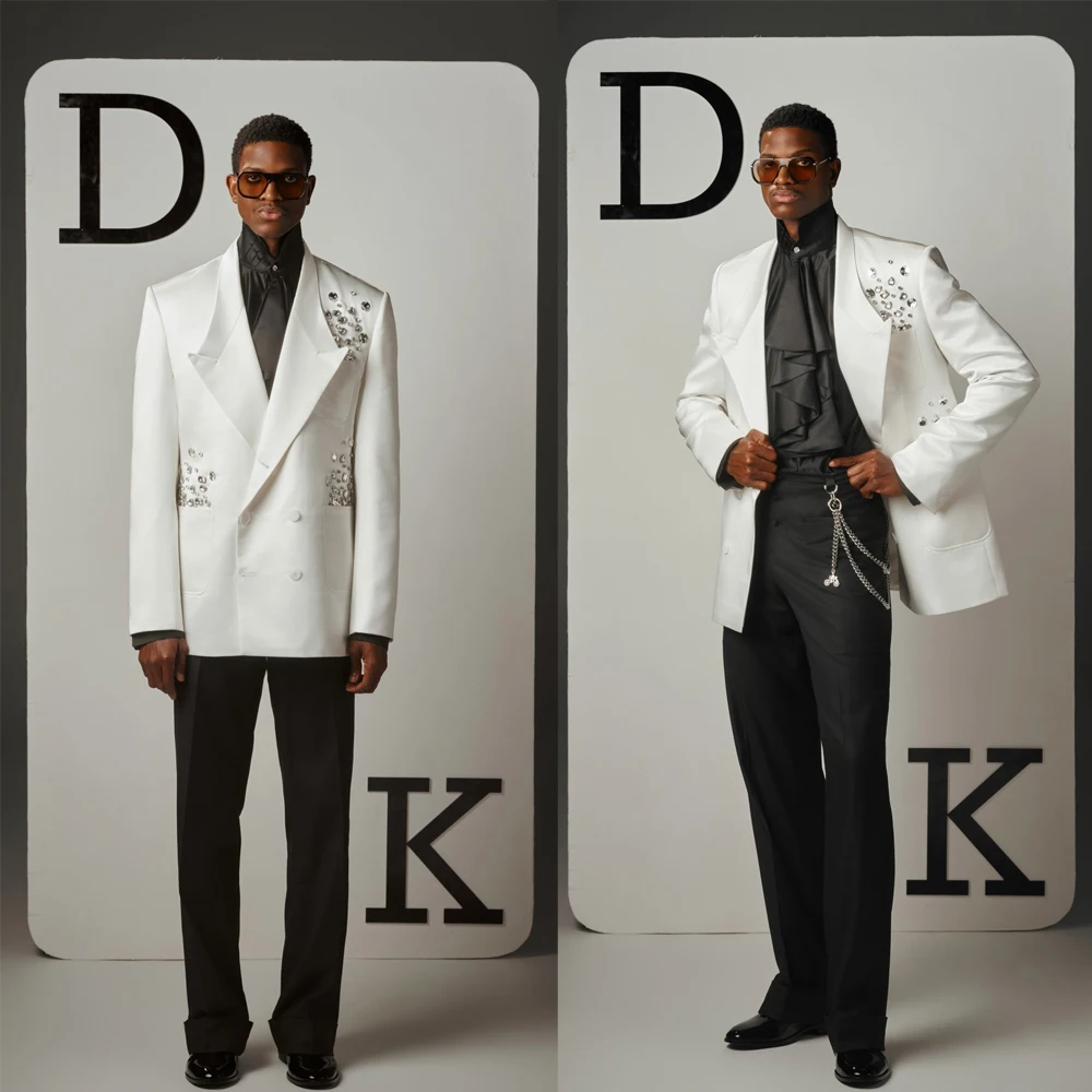 Men's White Rhinestone Embellished Double Breasted Blazer Black Dress Pants 2 Piece Suit Custom Plus Size 0609