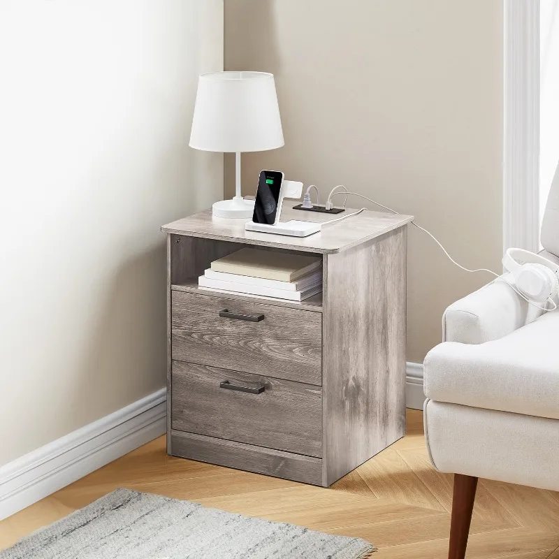 Everyday Side Table with Fast Charging Station - USB C Cable Fast Charging, Wooden Grey Nightstand Bedside Table with 2 Drawers,