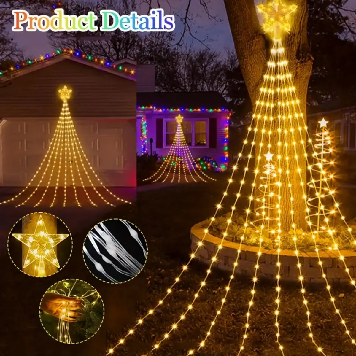

198 светодиодных солнечных фонарей-водопад со звездами, 8 режимов освещения, рождественские огни для свадьбы, двора, вечеринки, дома, праздника, рождественские украшения