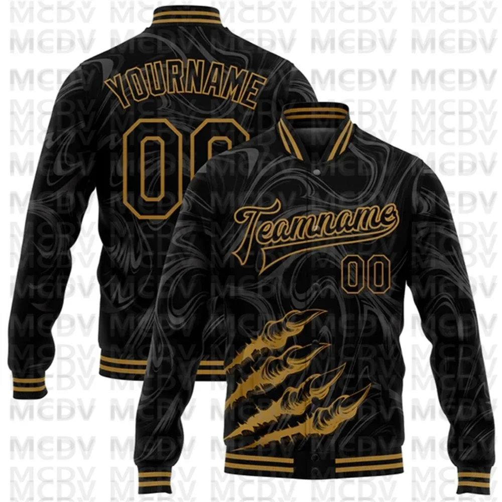 

Custom Black Old Gold Beast Claws 3D Pattern Design Bomber Full-Snap Varsity Letterman Jacket