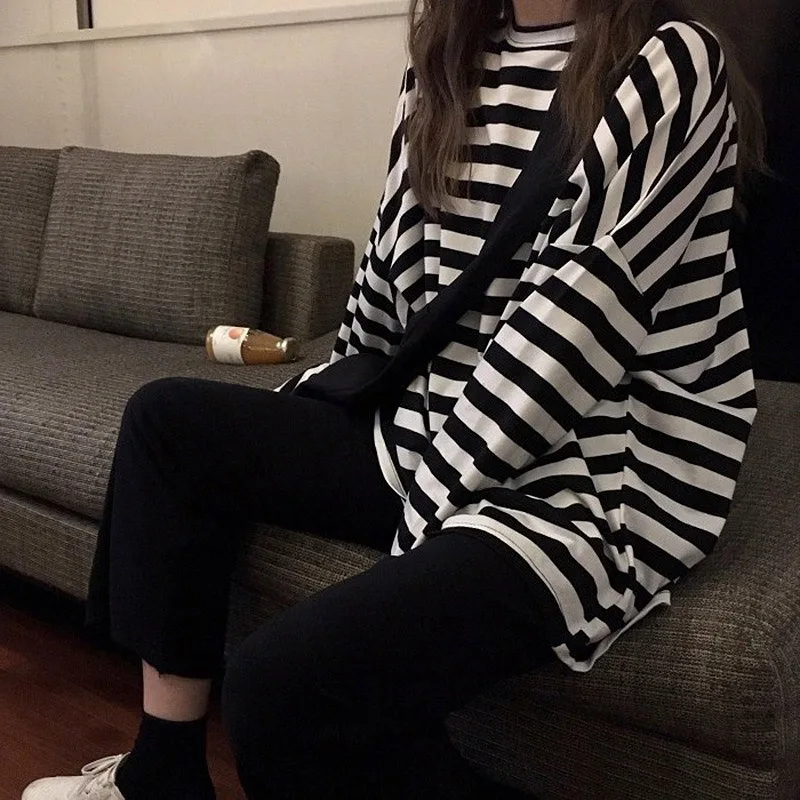 Women's Harajuku Striped Tshirt, Long Sleeve, O-Neck T-Shirts, Korean Casual Tops, Black, Spring, Autumn