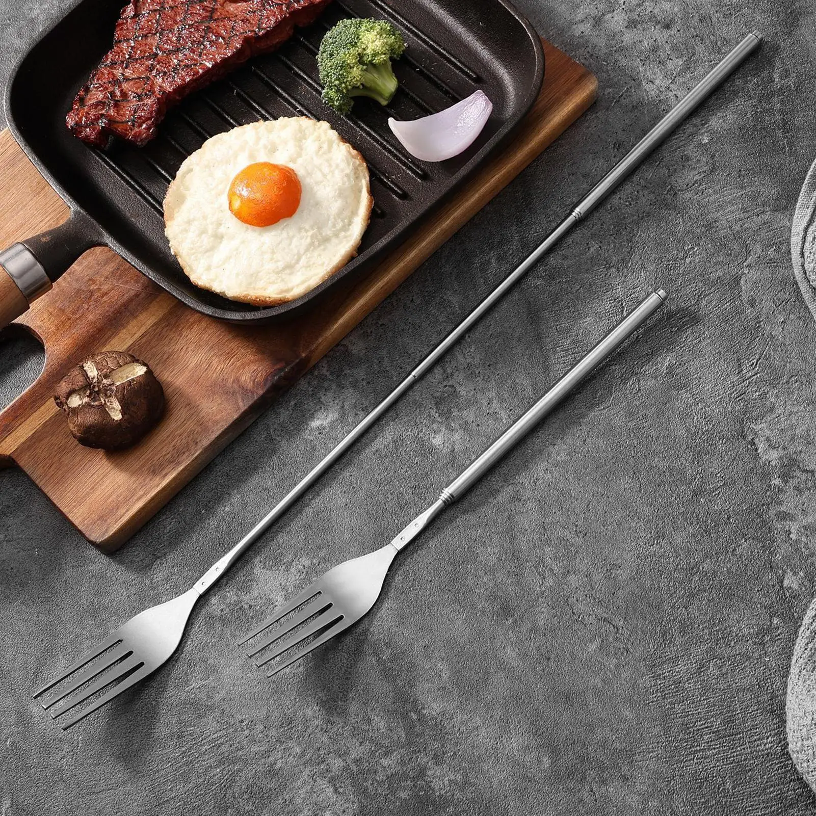 شوكة تصغير بمقبض طويل من الفولاذ المقاوم للصدأ، أدوات طبخ للتخييم والمطبخ والشواء والنزهة والخبز والسفر #2