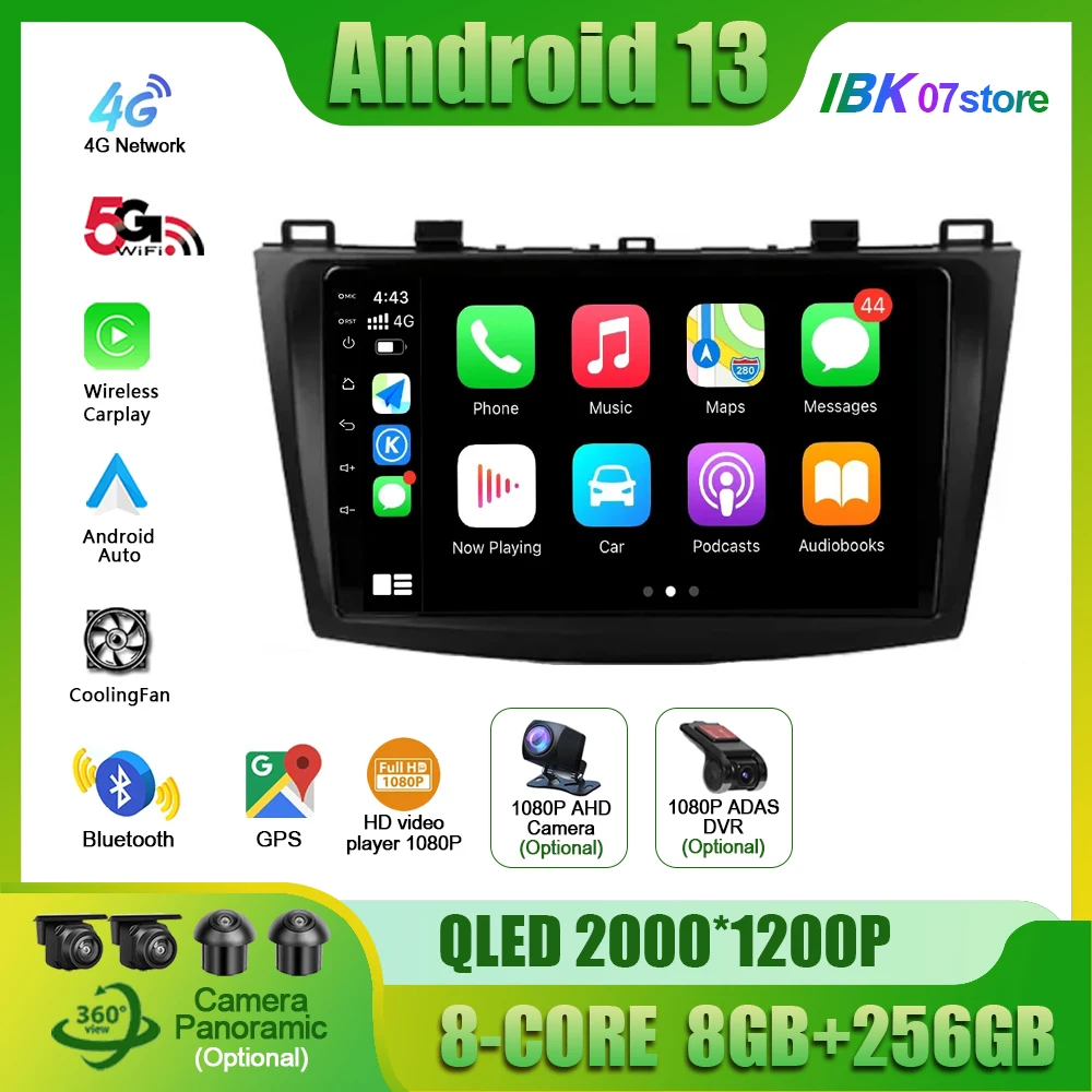 Car Radio Multimedia Carplay Video GPS For Mazda 3 BL 2009 - 2013 Android 13 Stereo Navigation Player Screen