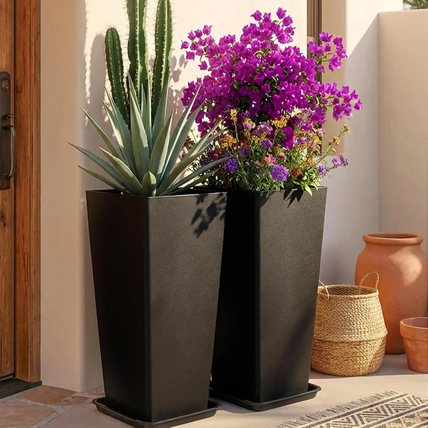Large Tall Outdoor Planters Set of 2 with Drainage Holes, Weather-Resistant Flower Pots for Indoor and Outdoor Use on Porch, Patio, Balcony, Garden