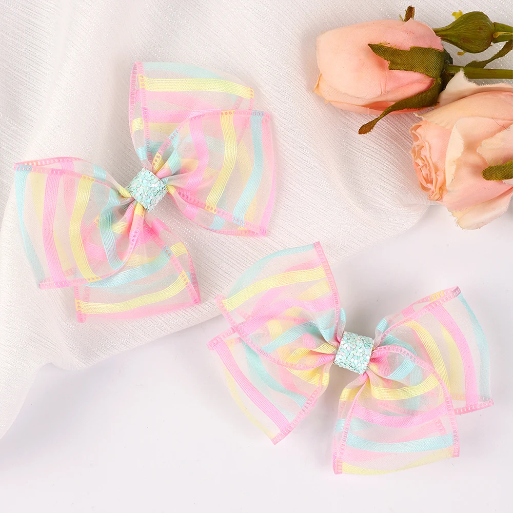 2pcs Mini Rainbow Colorful Mesh Bow Hair Clip Bow Hair Clips for Toddler Girls Hair Accessories Kids Hair Accessories Headwear