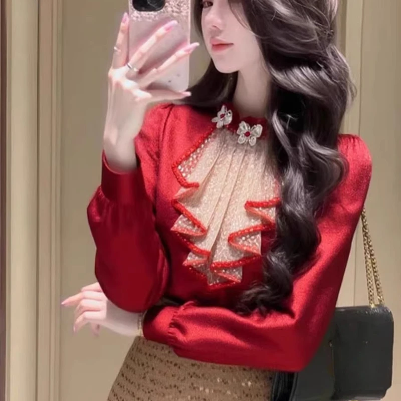 

2025 Spring Fall Women Stand Collar Rhinestone Butterfly Imitation Silk Red Top Shirt , Woman Vintage Patchwork Tops Shirts