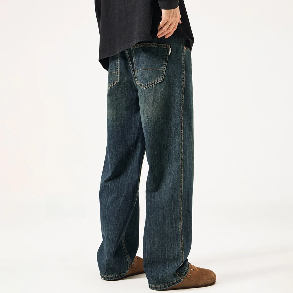

Retro Cleanfit Men's Jeans High Waist Straight Leg Fce Lined Loose Fit Waed Denim Pants Casual Wide Leg Long Trousers