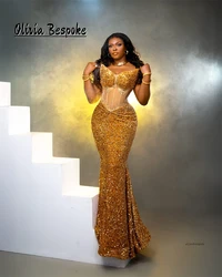 Fancy Gold Velvet Sequin Aso Ebi Evening Dresses Applique Sweetheart Mermaid Prom Gowns African Party robes de soirée Customized