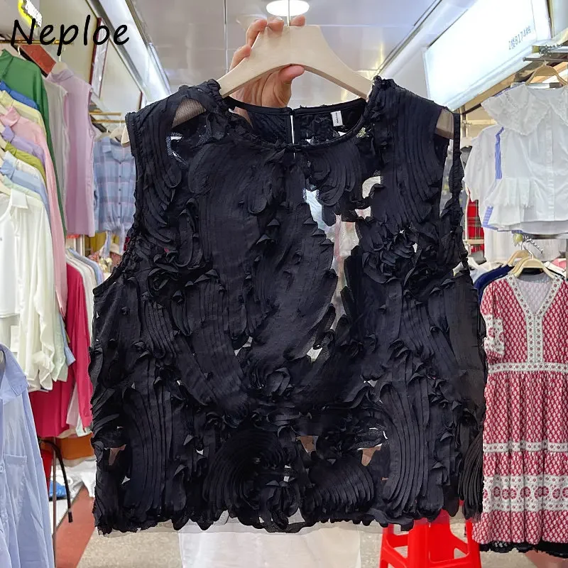 Neploe 2024 New Sleeveless Chic Ladies Tops Painting Folds Elegant Vintage Blusa Solid Loose Tank Blouses Summer Fashion Mujer