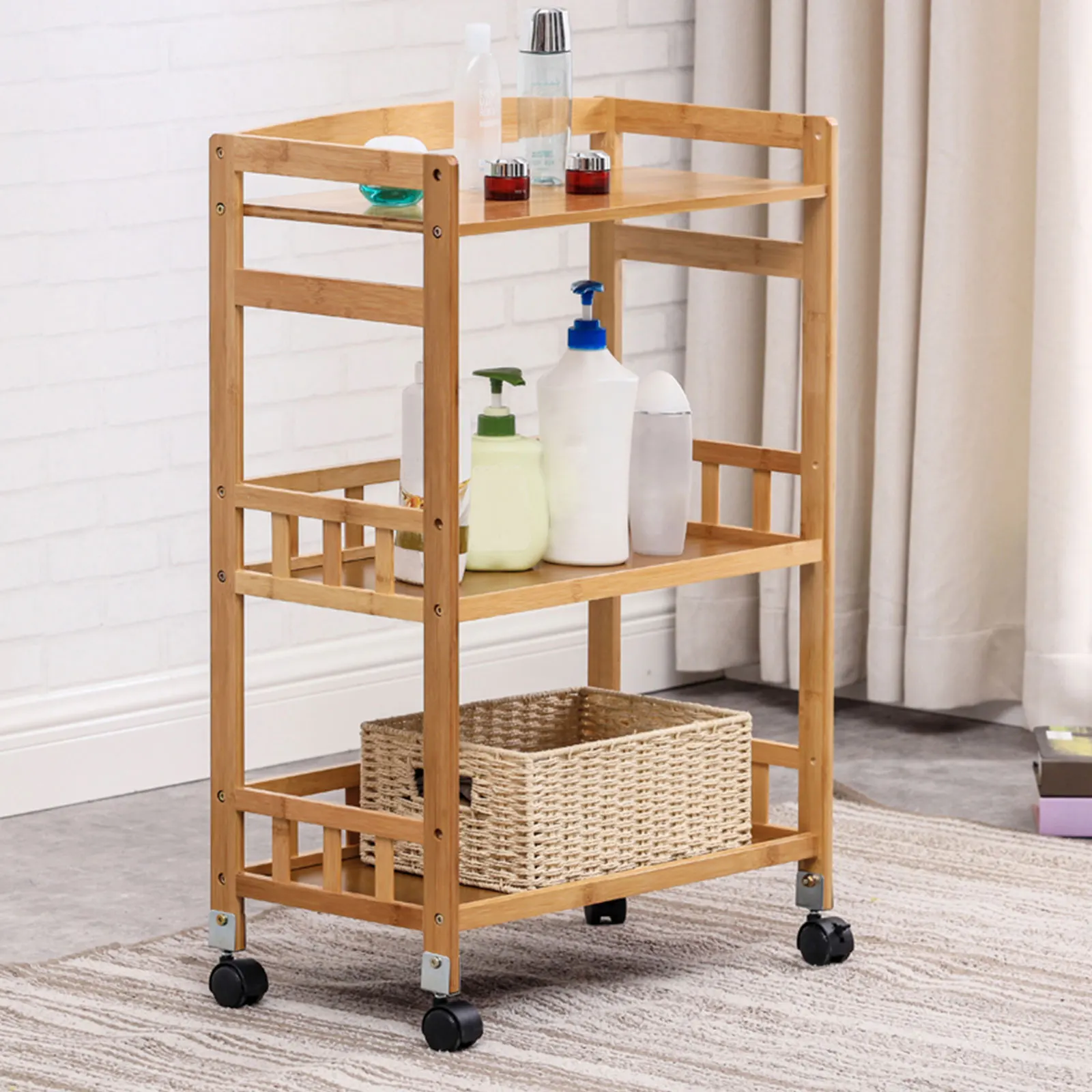 Rolling Utility Cart, 3-Shelf Push Cart Adjustable Serving Cart for Home Office Warehouse Garage Kitchen, Wood Color