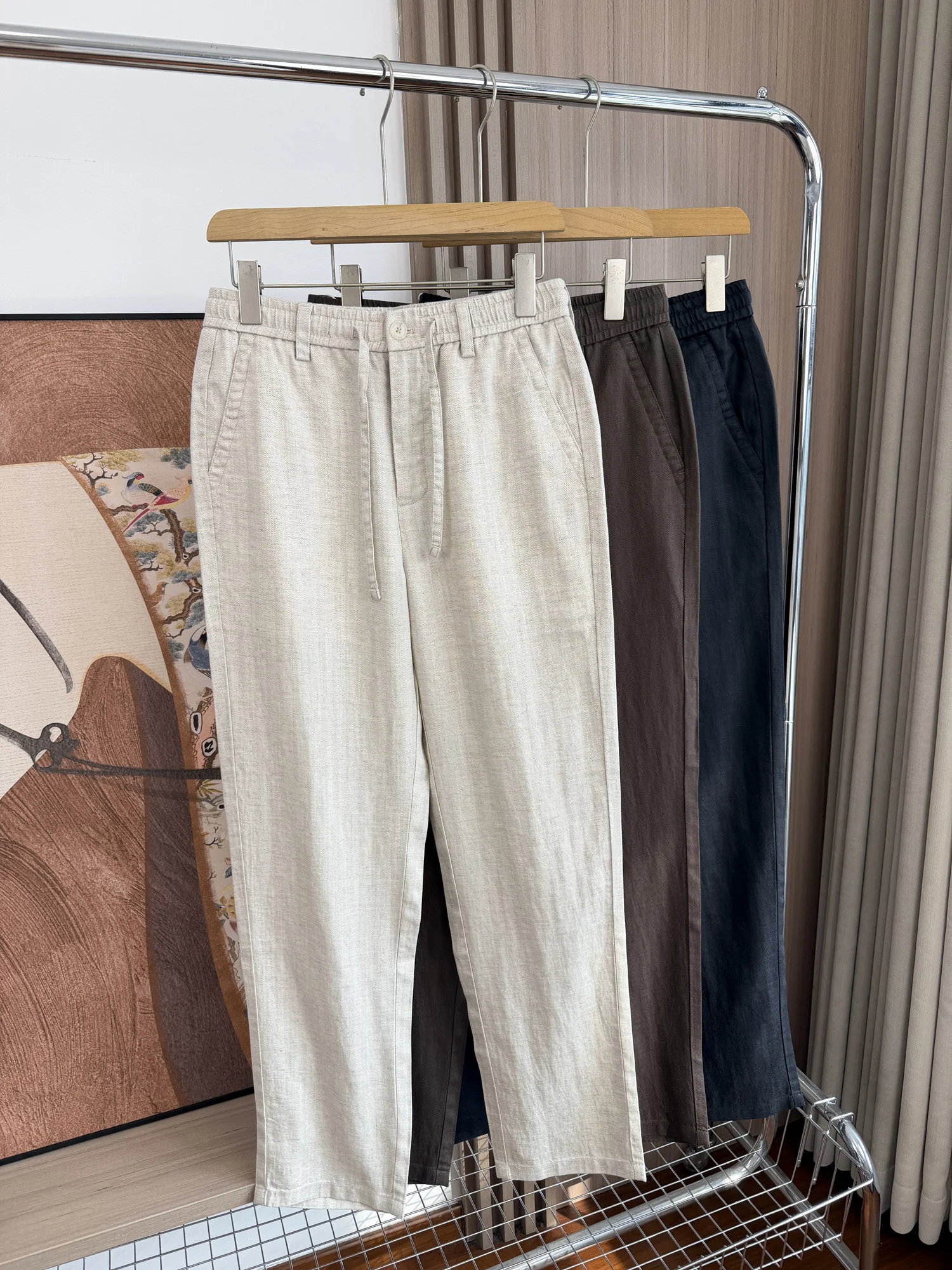 

High-End Breathable Thin Elastic Waist Straight Leg Casual Pants for Men Summer Comfortable Versatile Linen Loose Fit Trousers