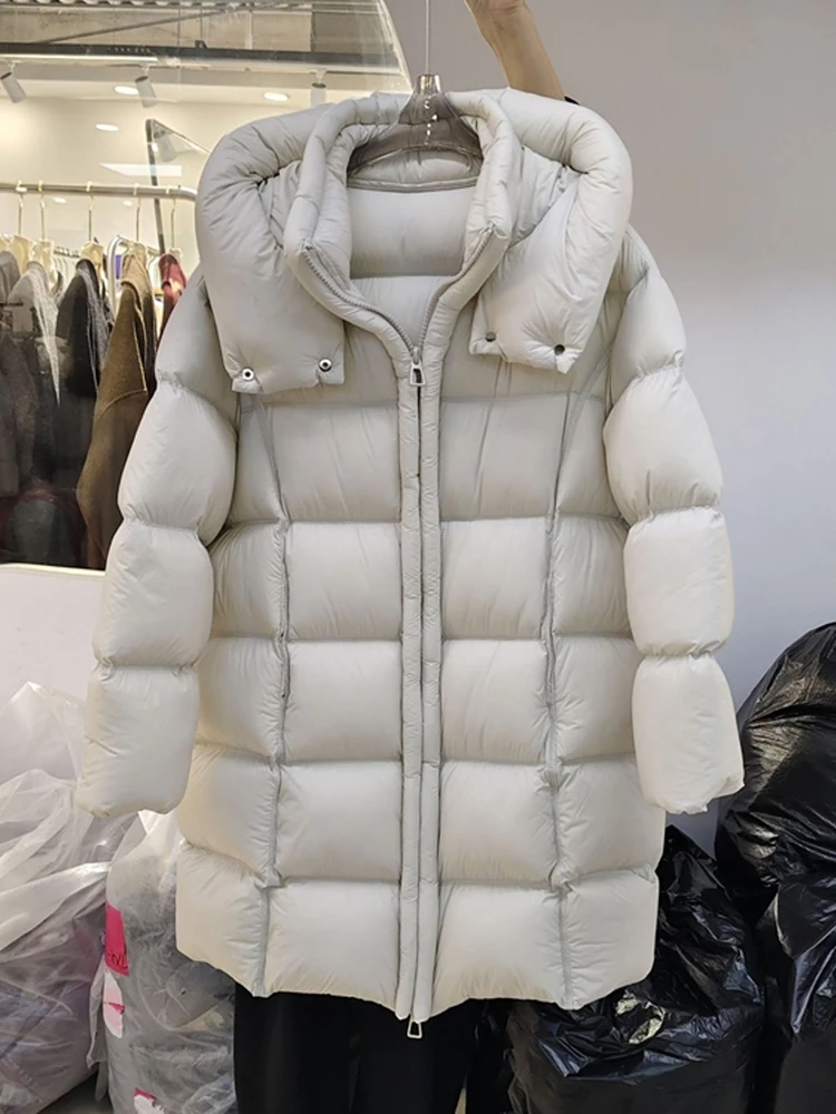 

Winter Hooded Puff Mid Length Down Jacket Female Thick Double Zipper Warm Jackets Women White Duck Down Fluffy Parker Outwears