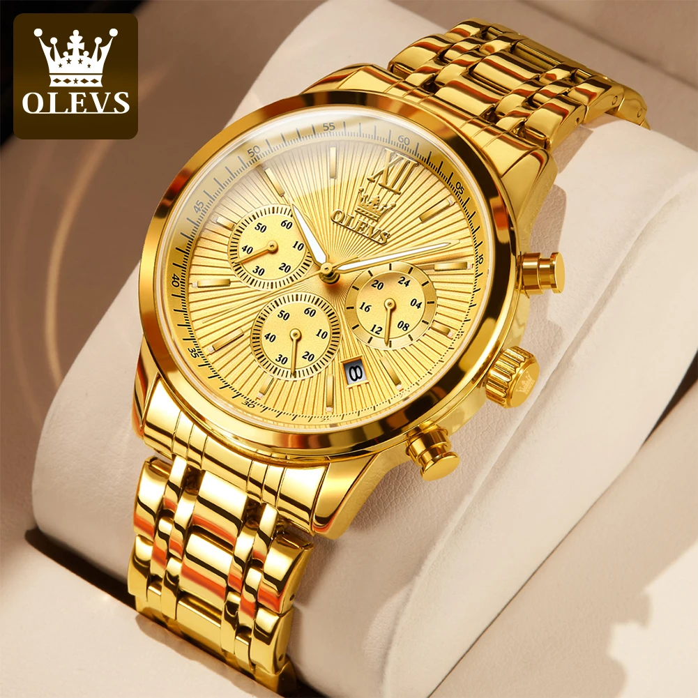 OLEVS Official Exclusive Watch for Men Gold Stainless steel Strap Automatic Date Men's Quartz Watch
