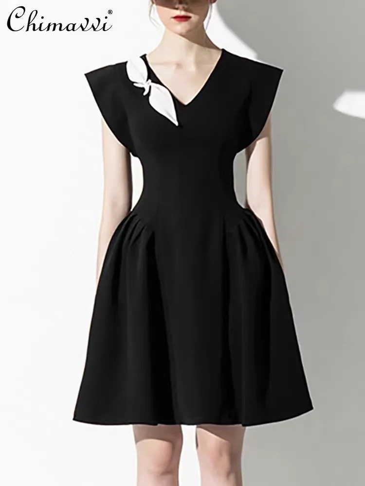 

French Hepburn Style Elegant Socialite Evening Dress Sexy V-neck Sleeveless High Waist Slim Fit A-Line Black Short Dresses Women