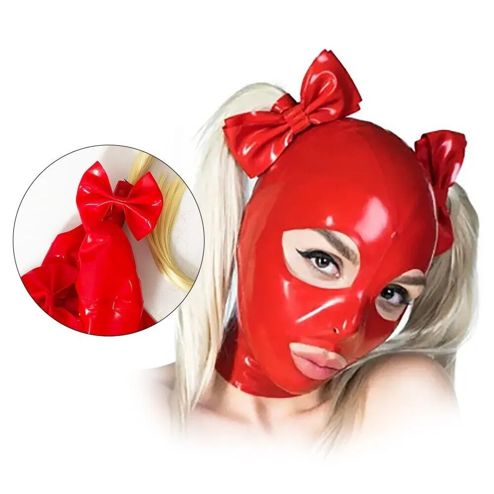 

Red Latex Hood with Bow and Golden Wig Rubber Mask