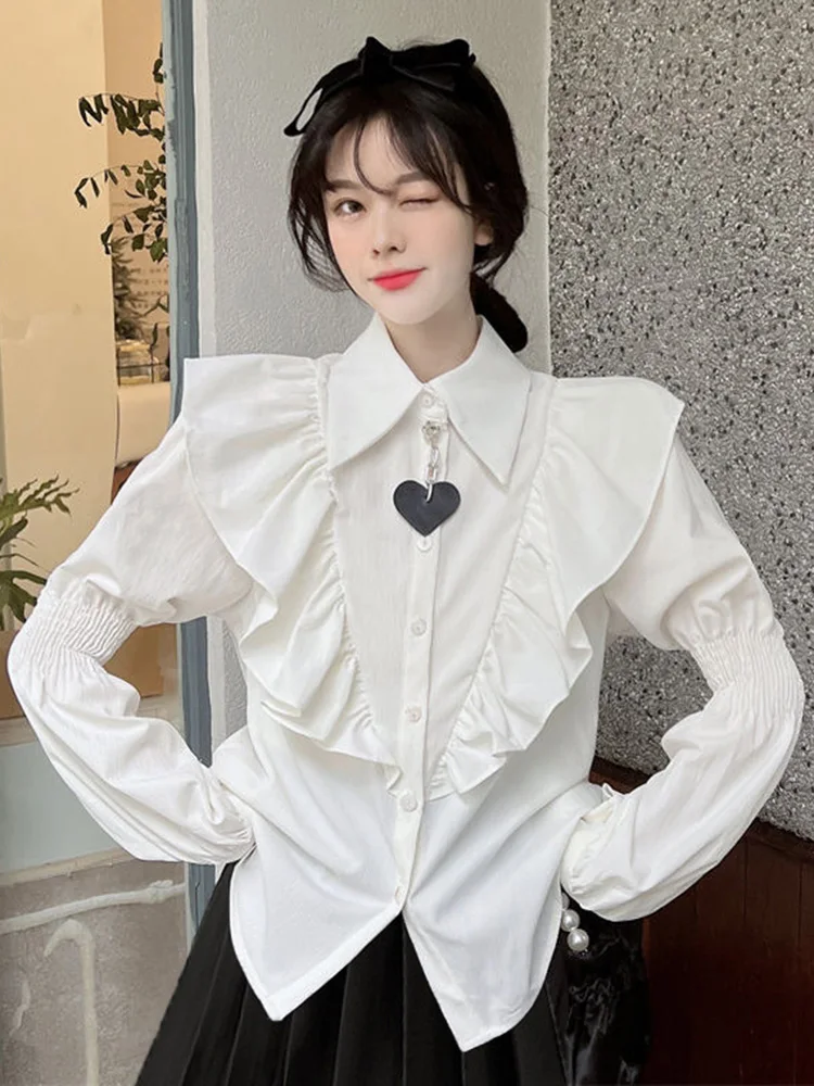 

Ruffles Cute Sweet White Shirt Women Slim Preppy Style Puff Sleeve Blouse Fashion Spring Female Kawaii Japan Casual Elegant Tops