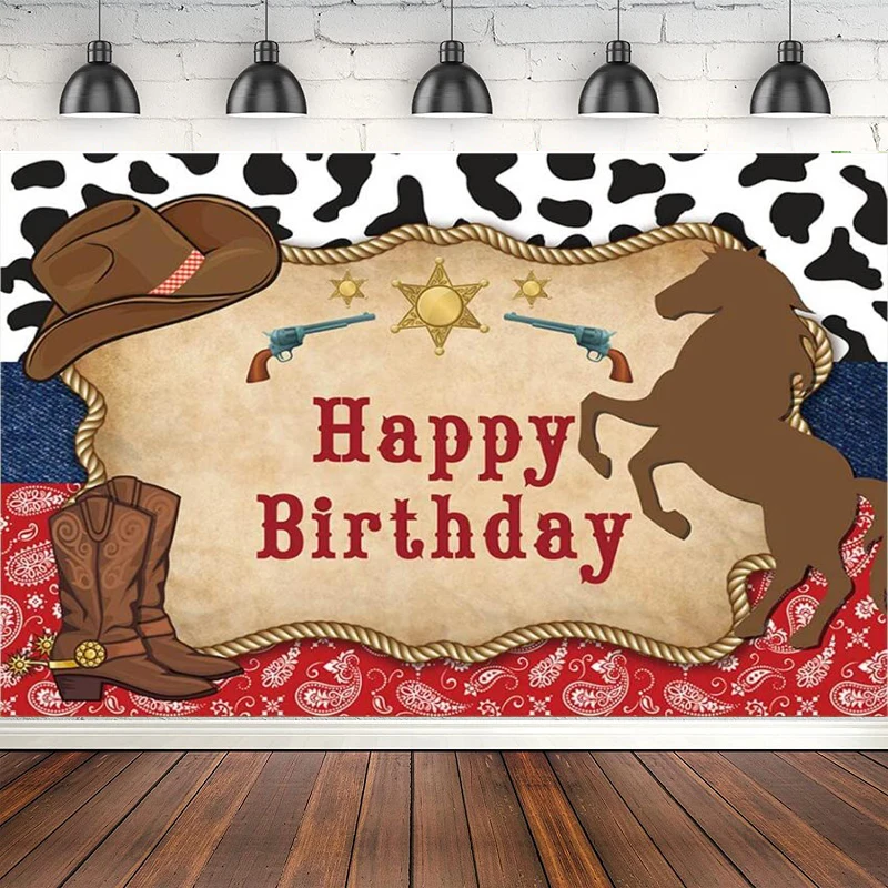 Photography Backdrop Wild West Rodeo Cowboy Birthday Party Decor Black White Cow Print Blue Red Blackground Banner Photo Shoot