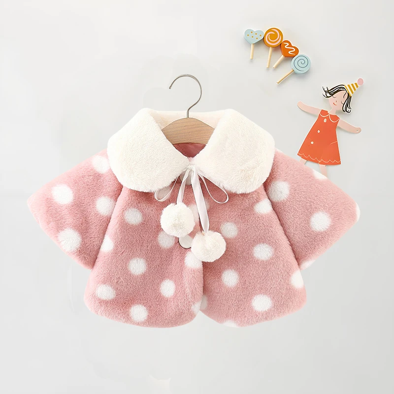 سترة شتوية للفتيات الصغيرات بلون سادة وياقة واسعة وأكمام طويلة معطف فرو مناسب للفتيات ملابس ثلج مطبوعة بنقط بولكا #1