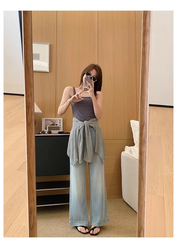 Celana Kaki Lebar Wanita Tencel Denim Pinggang Tinggi Longgar Lembut Ringan Nyaman Jeans Musim Panas