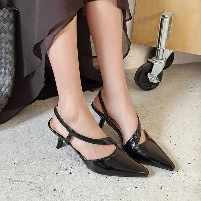 Black Grey Pointed Slingback Pumps Stiletto Full Grain Leather Sheep Insole Pig Lining TPR Sole Summer Office Party Shoes F146