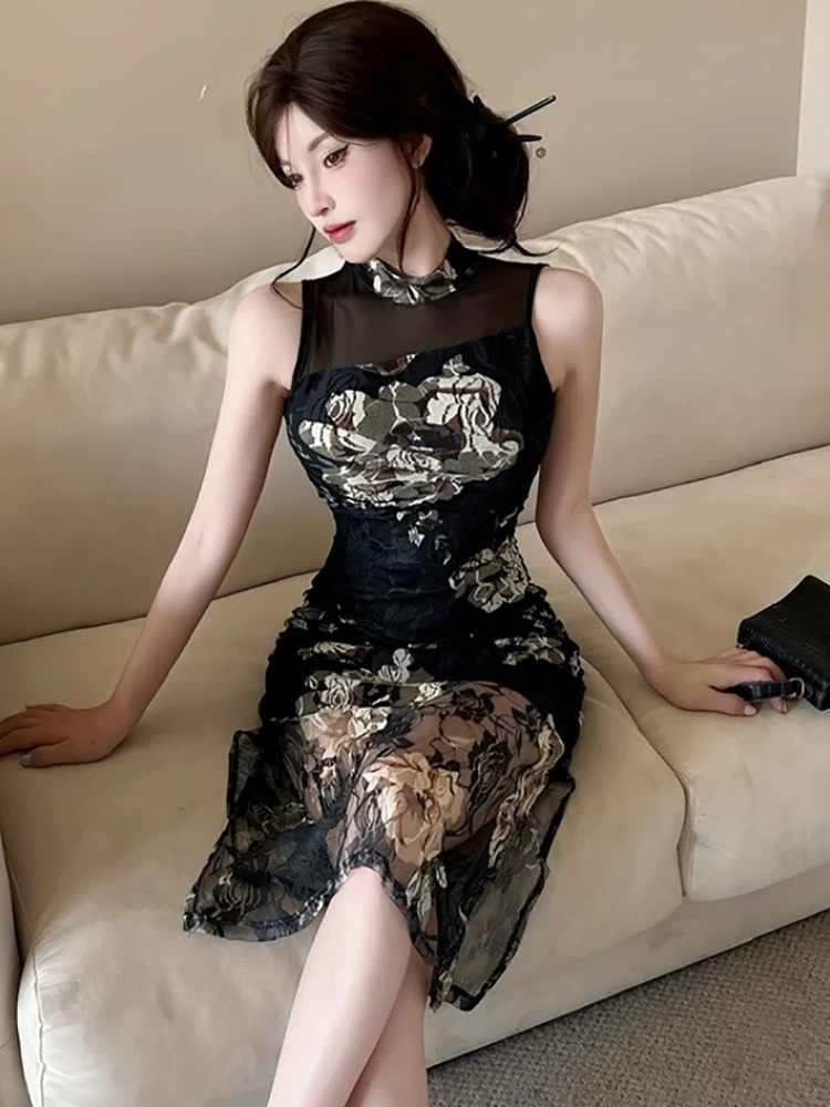 ผู้หญิงเกาหลี Vintage Hepburn ชุดราตรีหรูหราฤดูร้อนสีดํา Jacquard ดอกไม้ Hollow Out ชุดเซ็กซี่ 2025 Elegant Bodycon Dress
