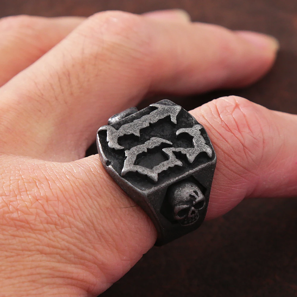 Punk Hip Hop Mens Lucky Number Ring Fashion Retro Black Stainless Steel Biker Gothic Skull Ring Men Fashion Jewelry Gift