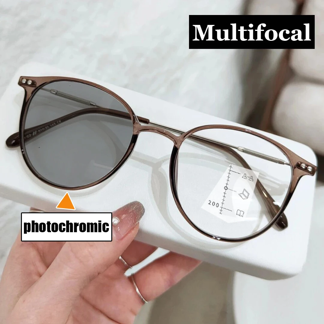 Ultralight Near Far Sight Glasses Women Men Vintage Round Frame Photochromic Multifocal Reading Eyewear Prescription Presbyopia