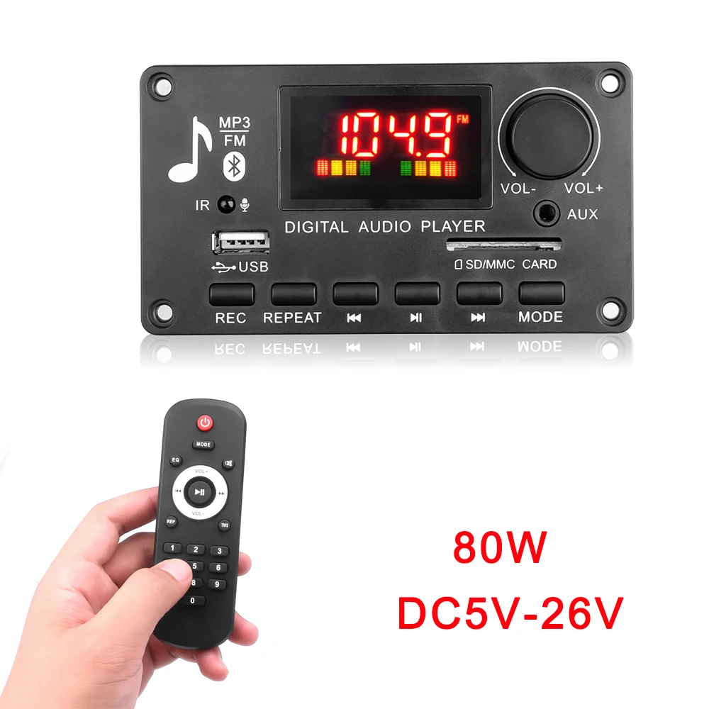 DC 5V-26V Bluetooth MP3 Decoder Board 80W Amplifier Wireless Car Music Mp3 Player Handsfree Call Recording Module FM Radio