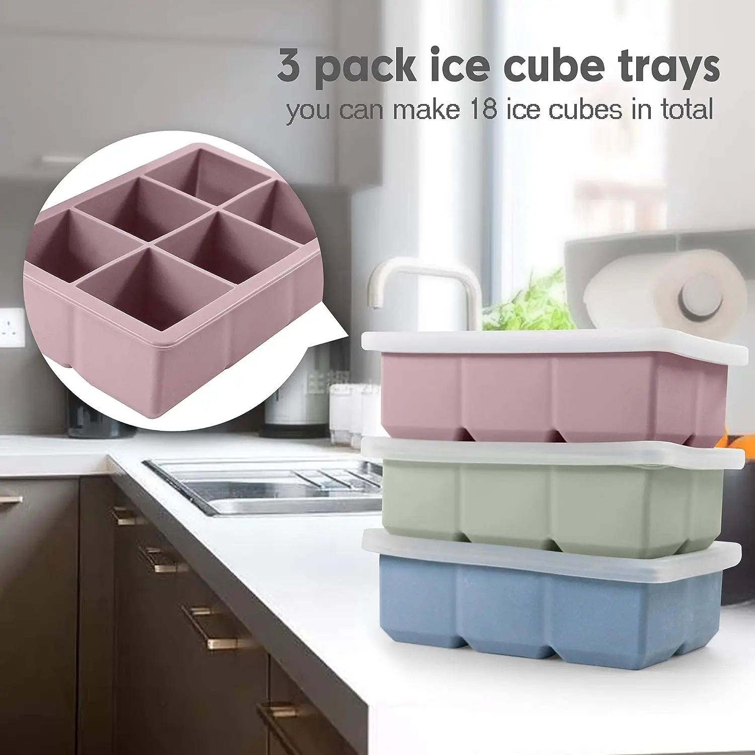 

6 Cube Ice Tray Mold Giant Large Food Grade Silicone Mold with Lid Reusable Whiskey Cube Square Tray DIY Ice Maker Ice Tray