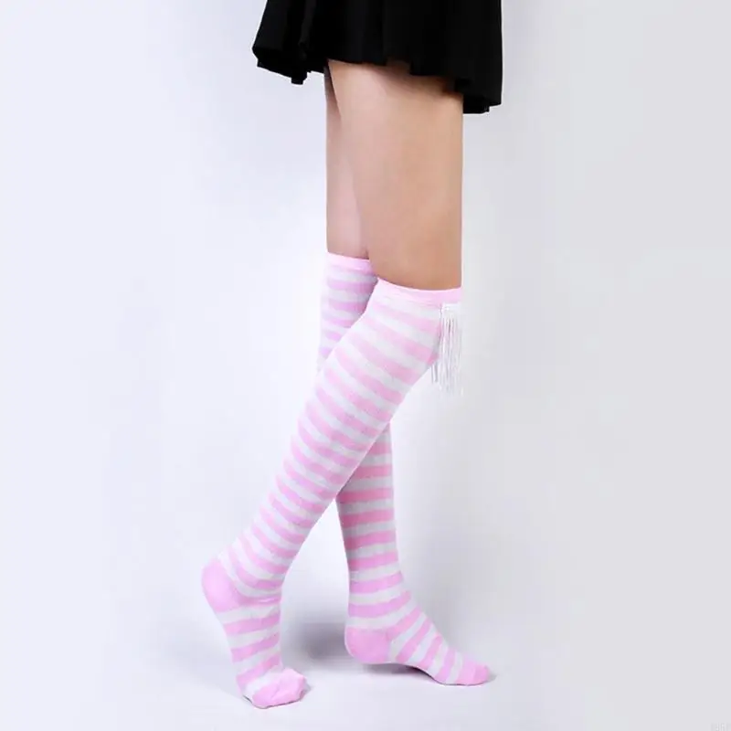 195E Women Girls Over Knee Long Socks Tassels Patchwork Christmas Striped Thigh High Stockings Holiday Party Stage Costume