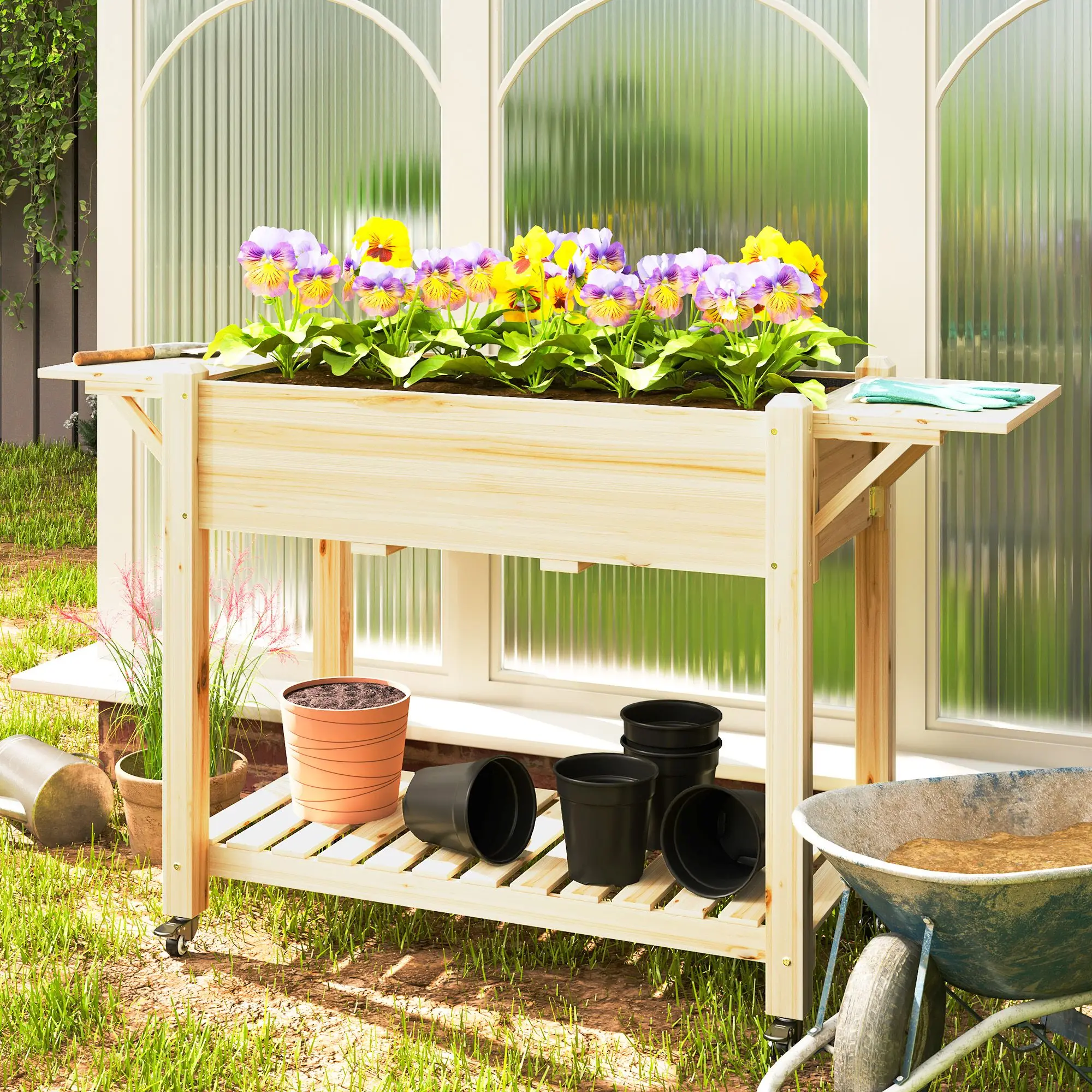 Natural wood elevated planter with locking wheel, side table and bottom drain hole