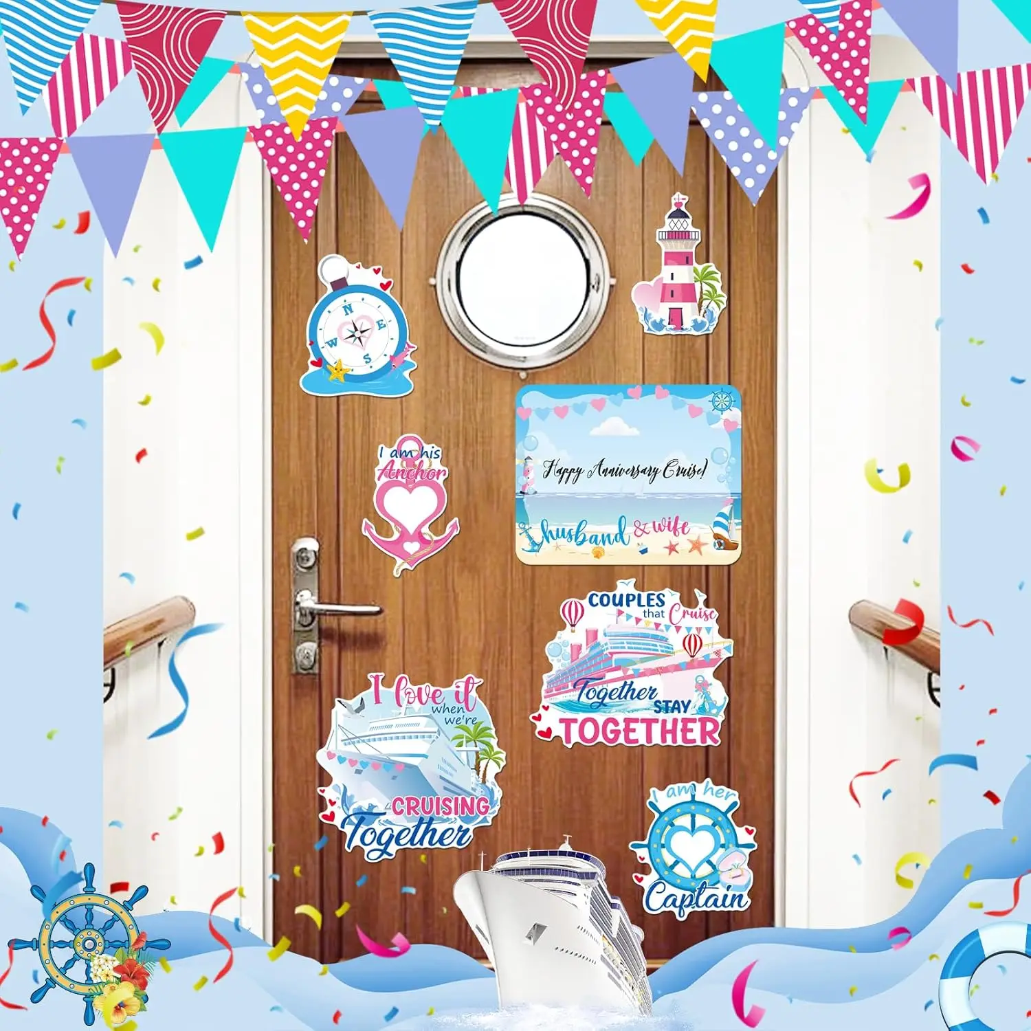 Cruise Door Decorations Magnetic - 10 Pcs Couple Ship Magnets Husband Wife Stickers Cabin Anchor Stateroom Decals with Pens Anni