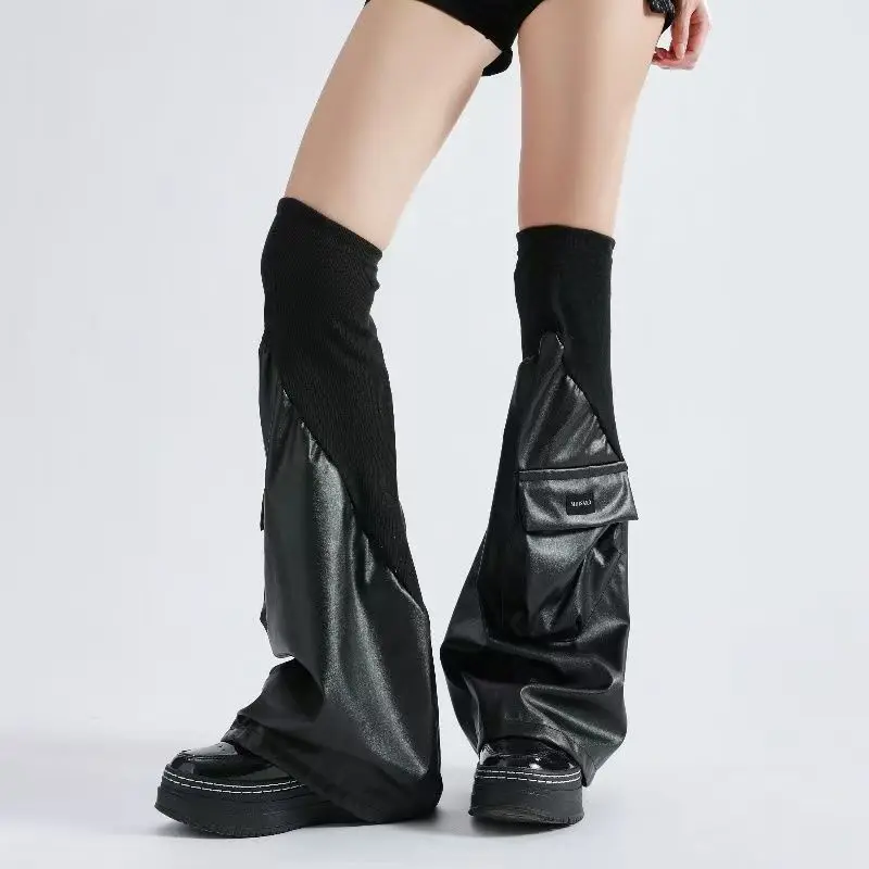 Techwear Y2K Goth Faux PU Leather Leg Warmers Women Cargo Pocket Ribbed Knit Patchwork Flare Over Knee Slouchy Industrial view 2