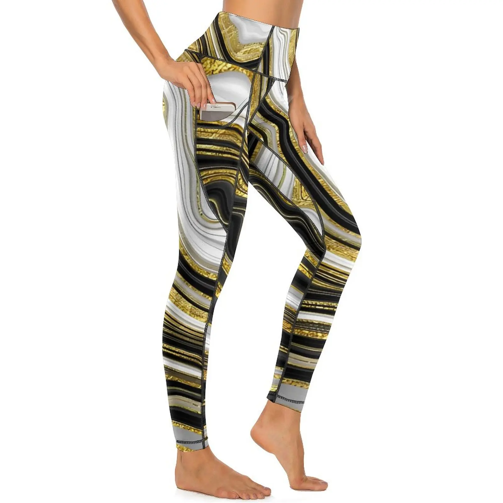 Gold Glitter Marble Print Leggings Sexy  Running Yoga Pants Push Up Quick-Dry Sports Tights With Pockets Kawaii Graphic Leggins