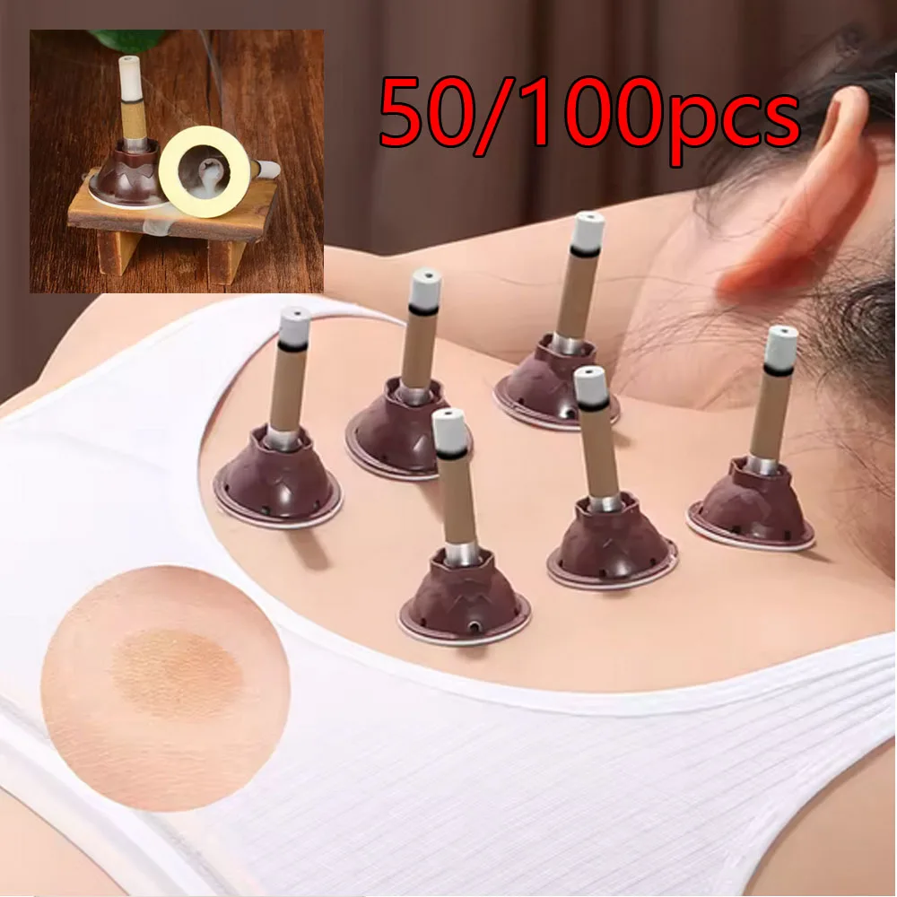 50/100pcs Smokeless Artemisia Moxa Stick Moxibustion Roll Mini Self-adhesive Acupuncture Massage Sticker Box Holder Roller