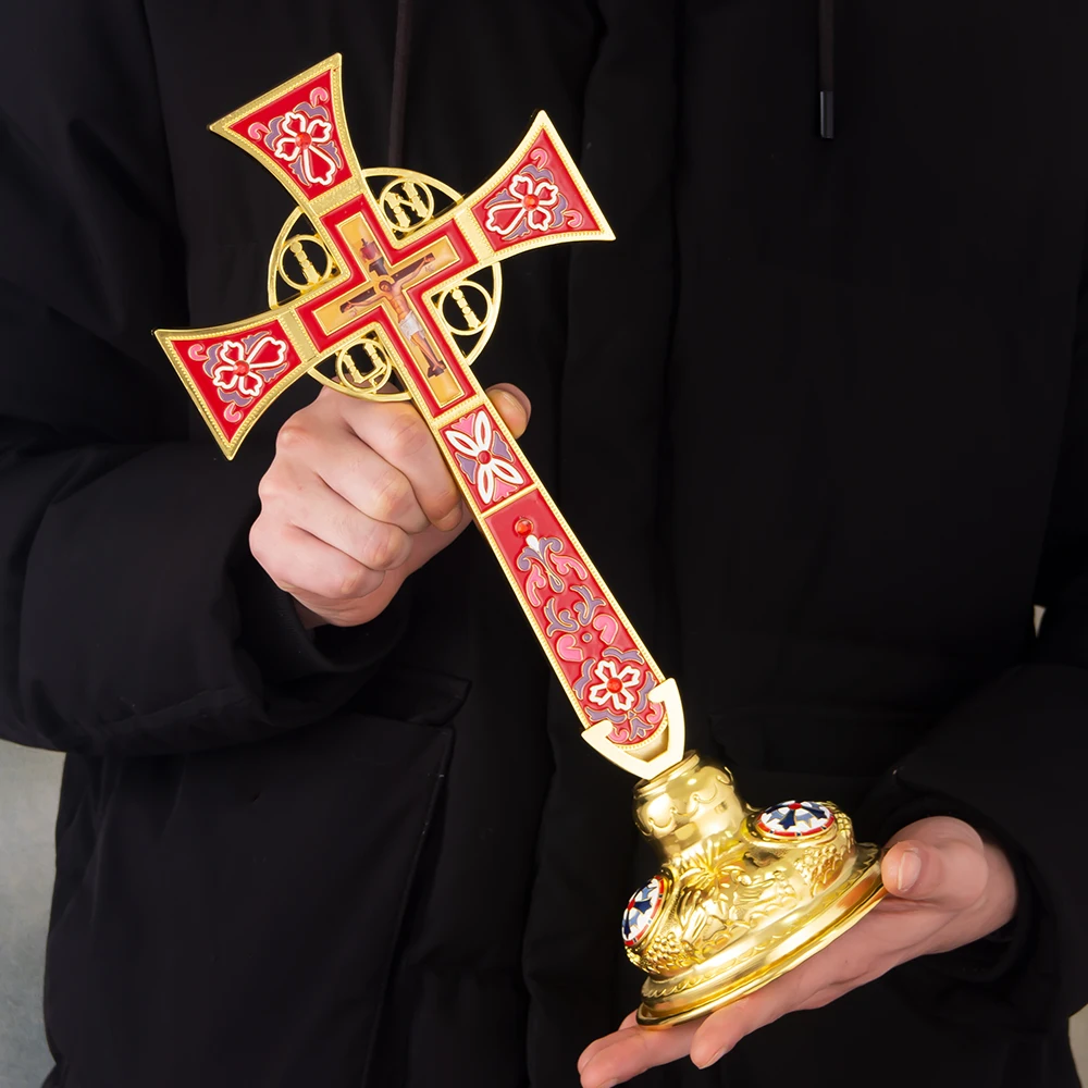 HTISOK Orthodoxes Altarkreuz im Byzantinischen Stil, Vergoldet, Emailliert, Stehendes Jesus-Kruzifix zur Kirchendekoration, Orthodoxes Kreuz – Detail 10