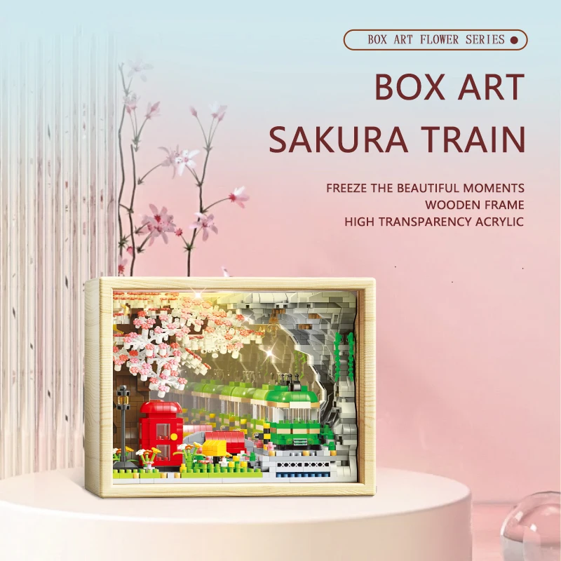 Mini City Street View Sakura Mural Photo Frame Building Block MOC Cherry Blossom Train Model Toy Bricks Friends Children Gifts