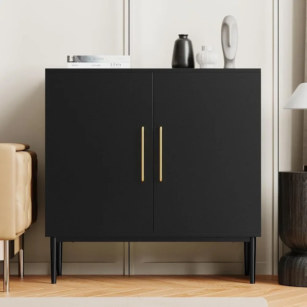 Modern Black Accent Storage Cabinet with Doors, Free Standing Wooden Buffet Sideboard for Bedroom, Kitchen, Home Office