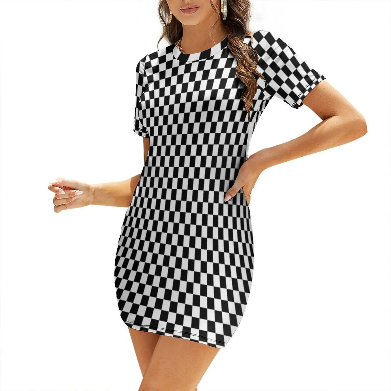 

black-and-white Short Sleeved Dress clothing women summer 2024 summer dresses