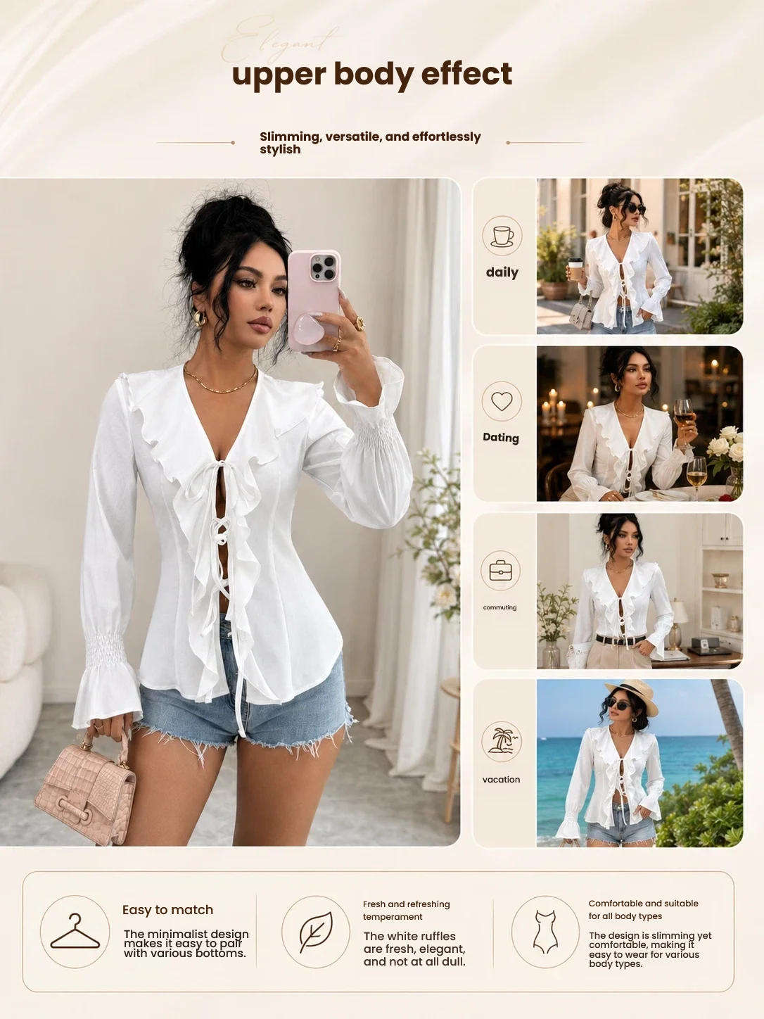 Y2K Women Ruffled Tie Front Shirt Elegant Deep V Neck Flared Long Sleeve Loose Fit Cardigan Cute Casual Daily Blouse - view 2