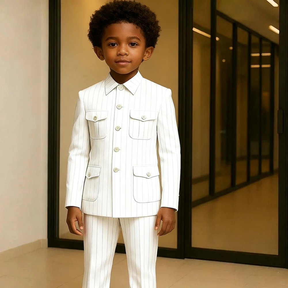 

Elegant Pinstripe Children Suits Formal Wedding Boy's Clothing Luxury Single Breasted Stand Lapel 2 Piece Jacket Pants Outfits