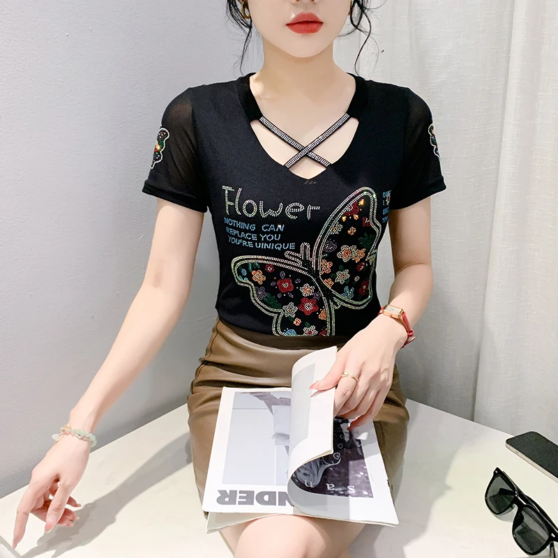 New Summer Short Sleeved V-Neck Women\'s T-Shirt Elegant Slim Hot Diamond Mesh Tees Tops M-3XL Clothes